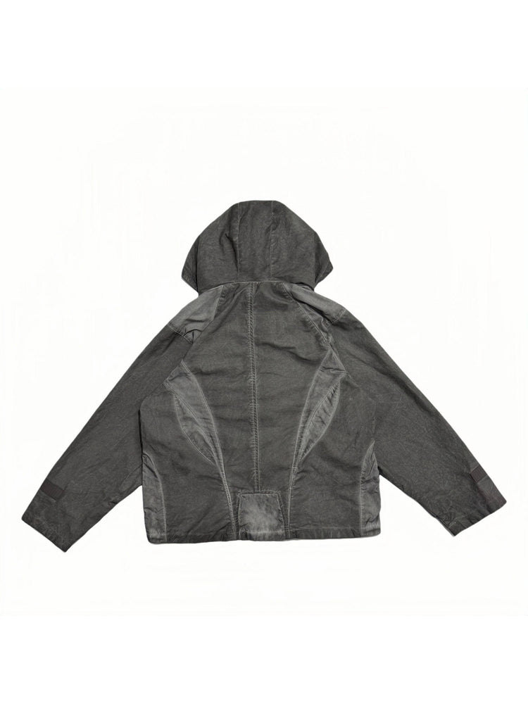 STARCORE meteor gray distressed work jacket — back garment-only view showing geometric contrast panels