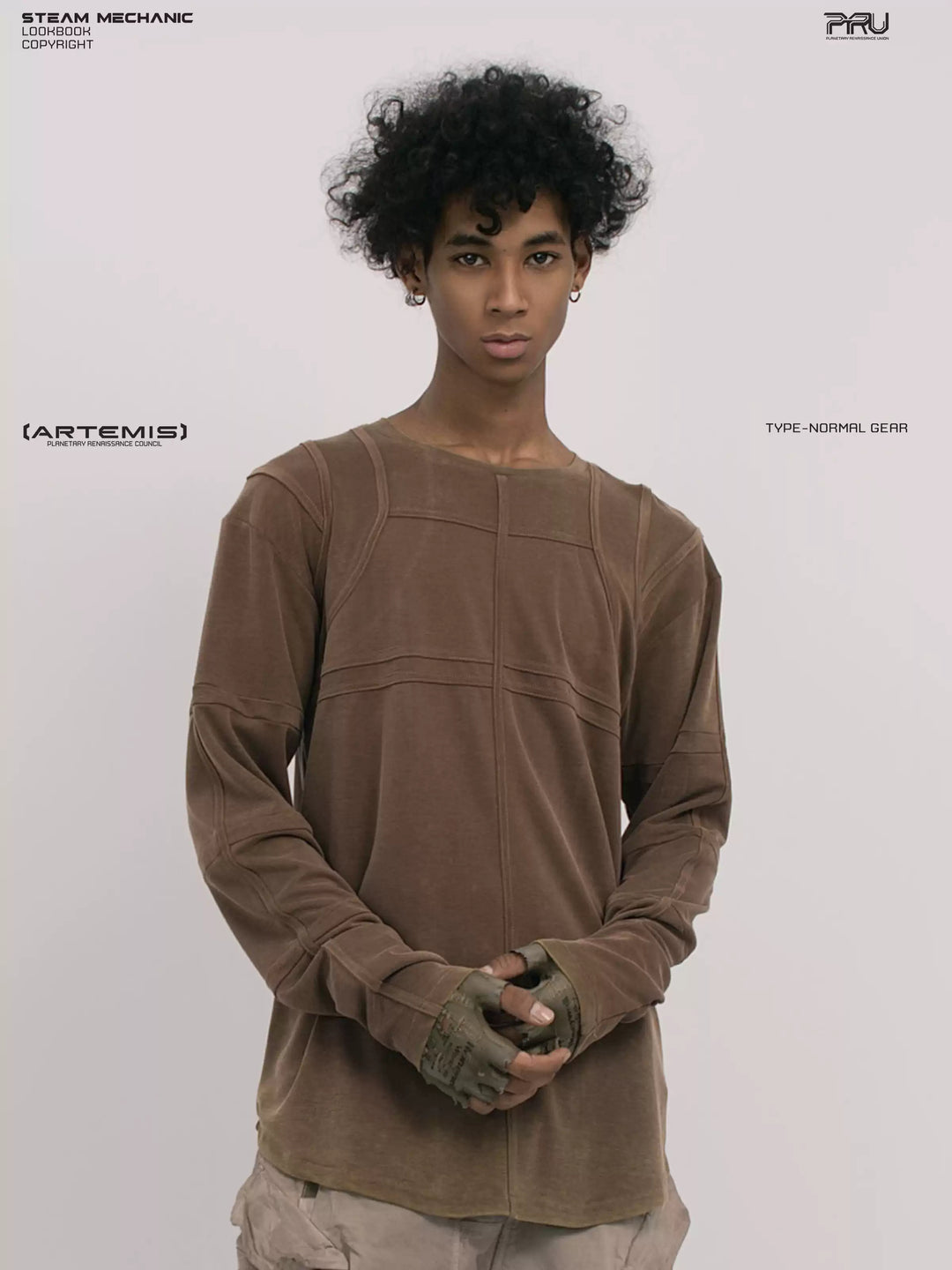 RUSTED ORBIT petrified brown mesh-panel long-sleeve top — front modeled close-up showing curved chest seams