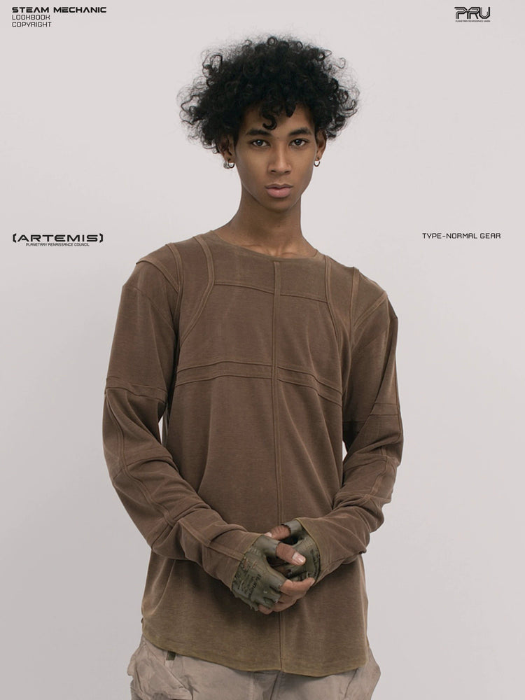 RUSTED ORBIT petrified brown mesh-panel long-sleeve top — front modeled close-up showing curved chest seams