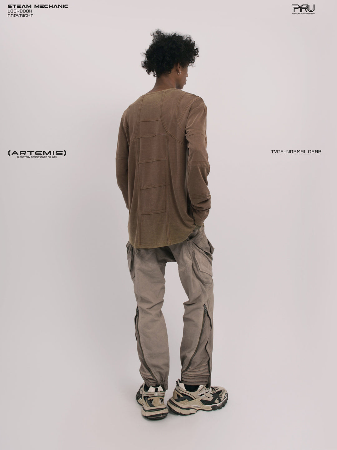 RUSTED ORBIT petrified brown mesh-panel long-sleeve top — full-length rear three-quarter modeled view from the opposite angle