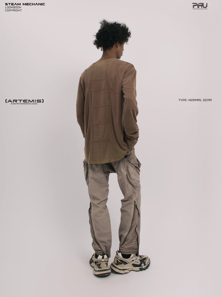 RUSTED ORBIT petrified brown mesh-panel long-sleeve top — full-length rear three-quarter modeled view from the opposite angle