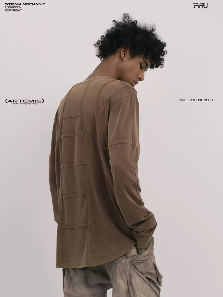 RUSTED ORBIT petrified brown mesh-panel long-sleeve top — rear three-quarter modeled close-up showing mesh panels