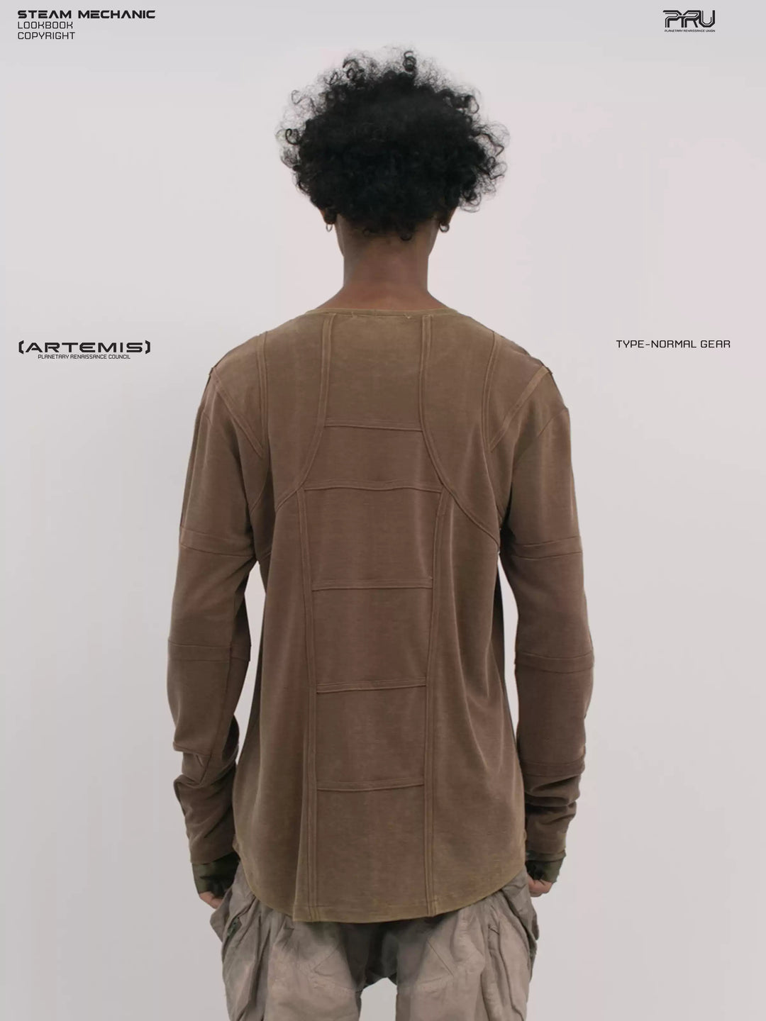 RUSTED ORBIT petrified brown mesh-panel long-sleeve top — back modeled close-up showing geometric seams