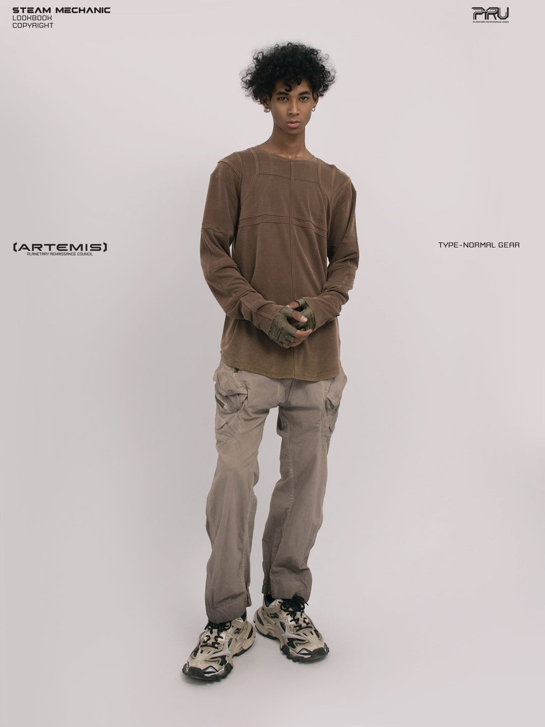 RUSTED ORBIT petrified brown mesh-panel long-sleeve top — full-length front modeled view