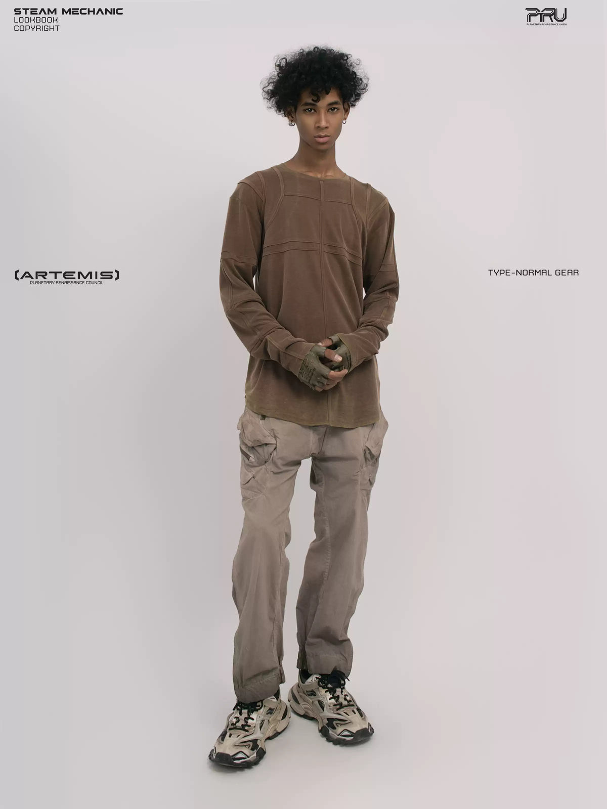 RUSTED ORBIT petrified brown mesh-panel long-sleeve top — full-length front modeled view