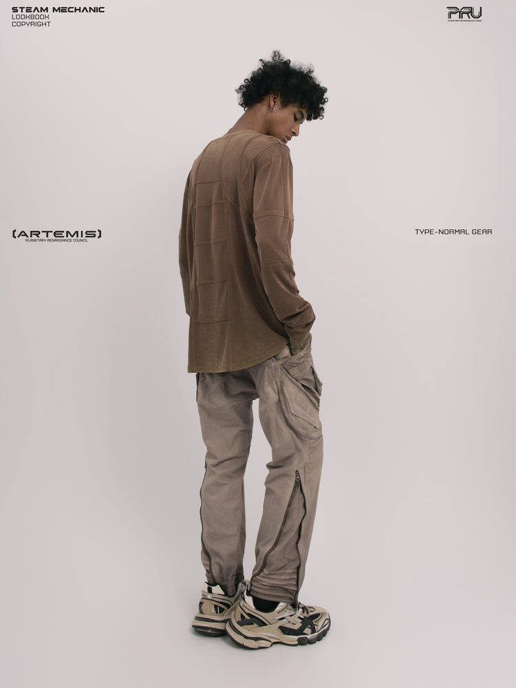 RUSTED ORBIT petrified brown mesh-panel long-sleeve top — full-length rear three-quarter modeled view
