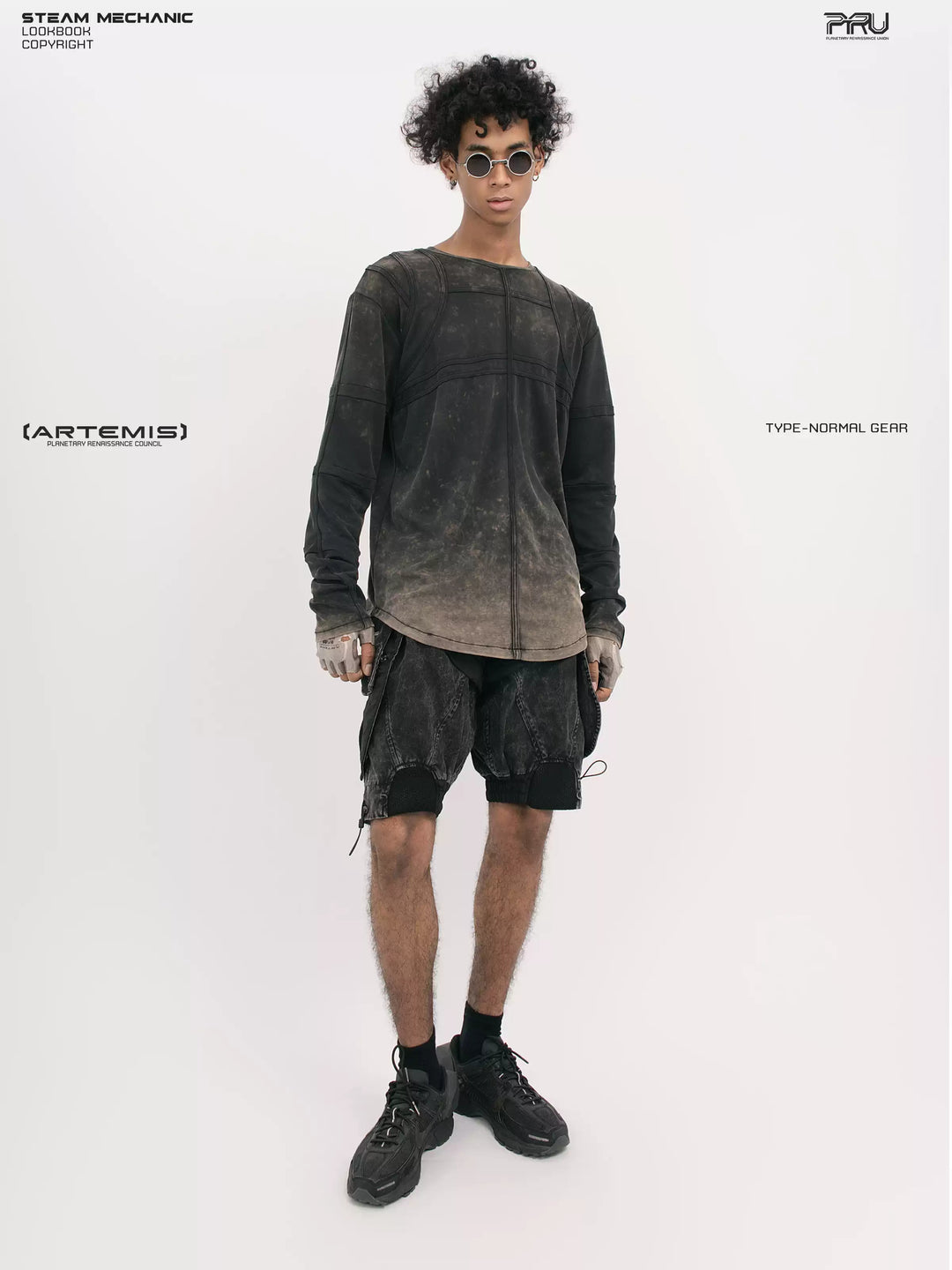 RUSTED ORBIT mesh-panel long-sleeve top in phantom black — full-length modeled front view