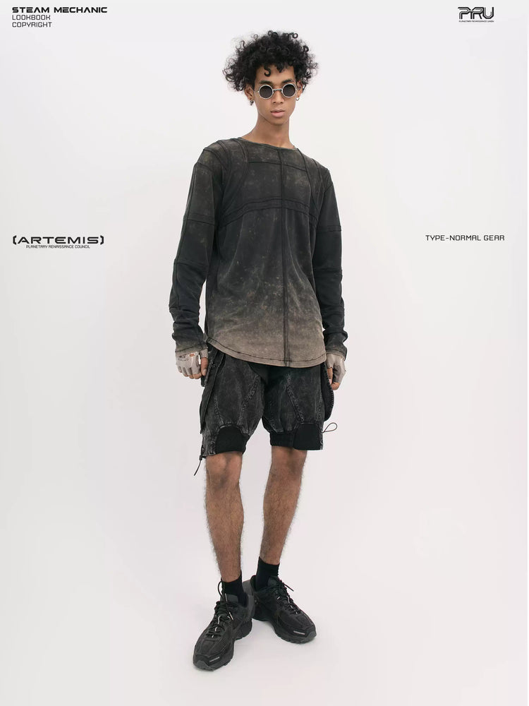 RUSTED ORBIT mesh-panel long-sleeve top in phantom black — full-length modeled front view