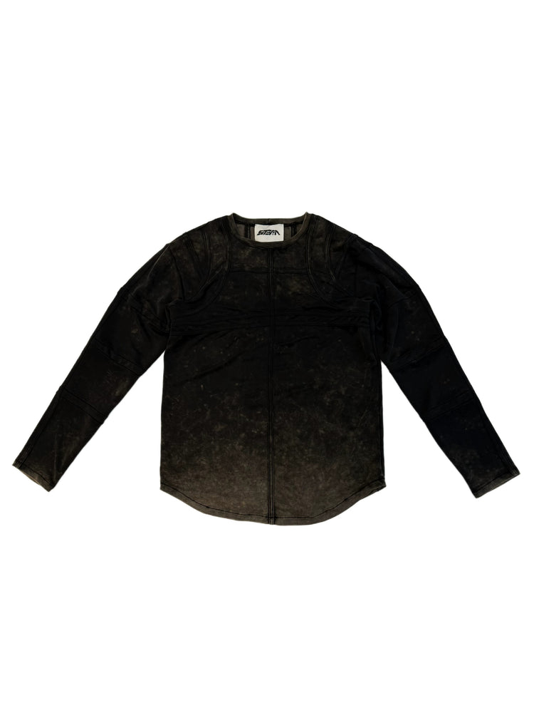 RUSTED ORBIT mesh-panel long-sleeve top in phantom black — front garment-only view showing neckline, panel seams and shaped hem