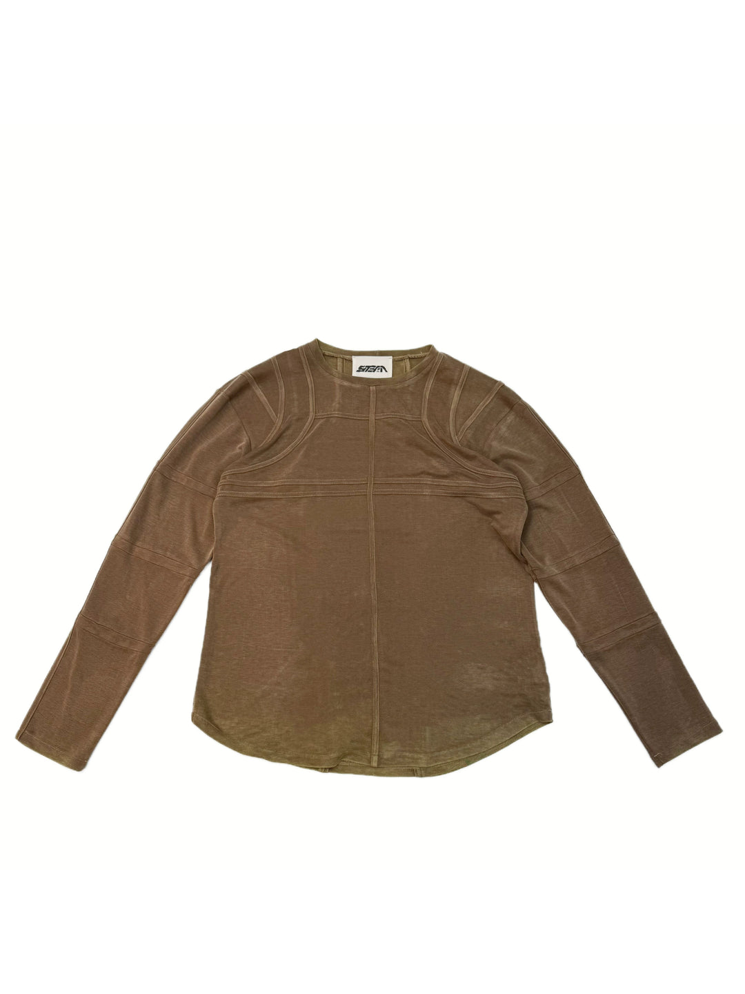 RUSTED ORBIT petrified brown mesh-panel long-sleeve top — front garment-only view showing curved panel seams and washed petrified brown finish