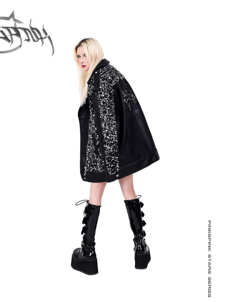 PINKSPINK STAR sequined-panel faux-leather biker jacket — rear three-quarter modeled view looking over the shoulder