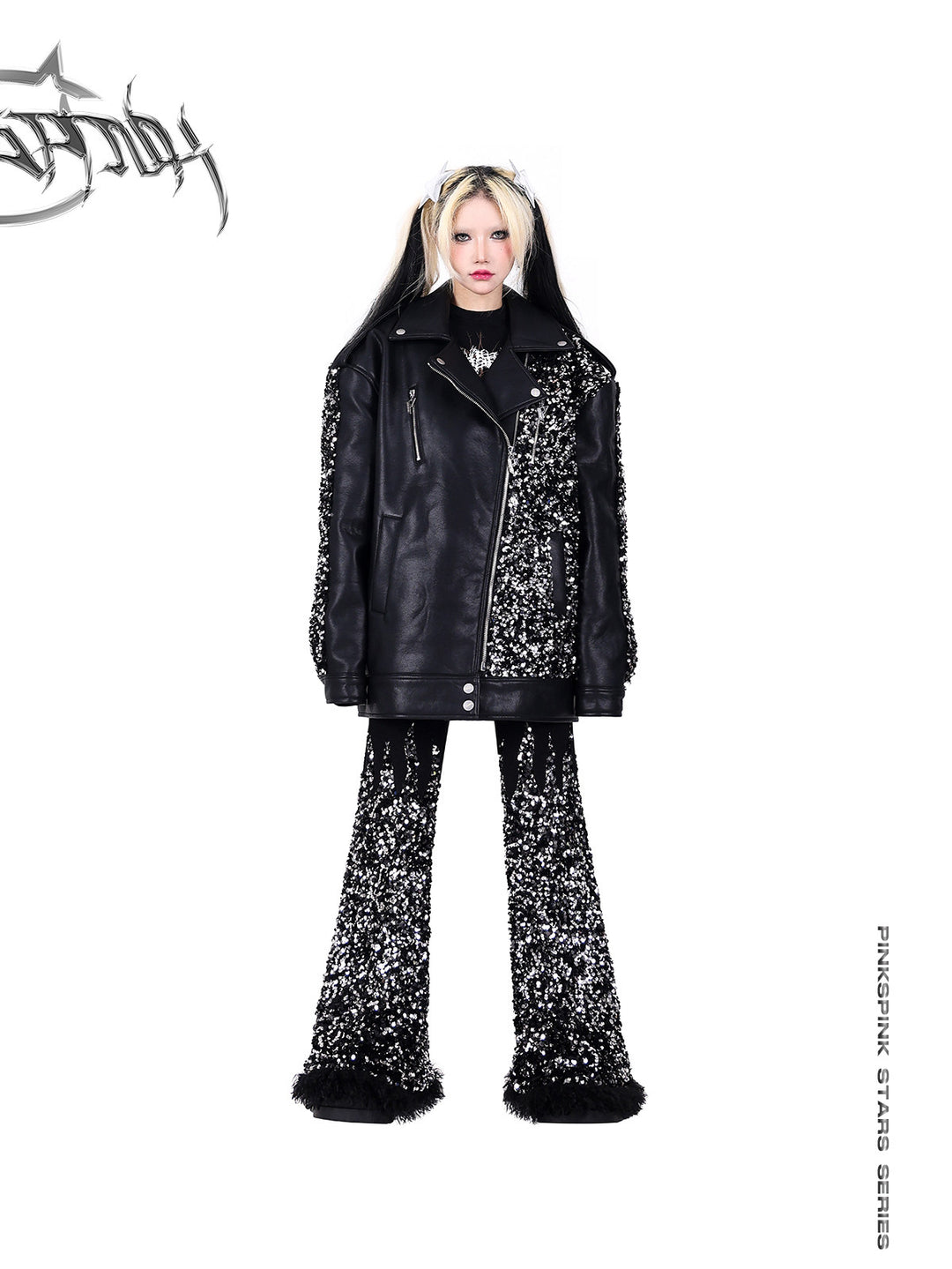 PINKSPINK STAR sequined-panel faux-leather biker jacket — front full-length modeled view with sequin trousers