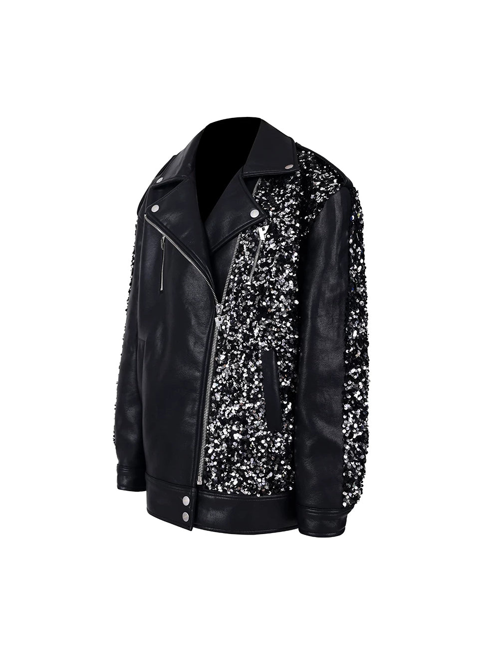 PINKSPINK STAR sequined-panel faux-leather biker jacket — front garment-only view showing the asymmetric biker zipper