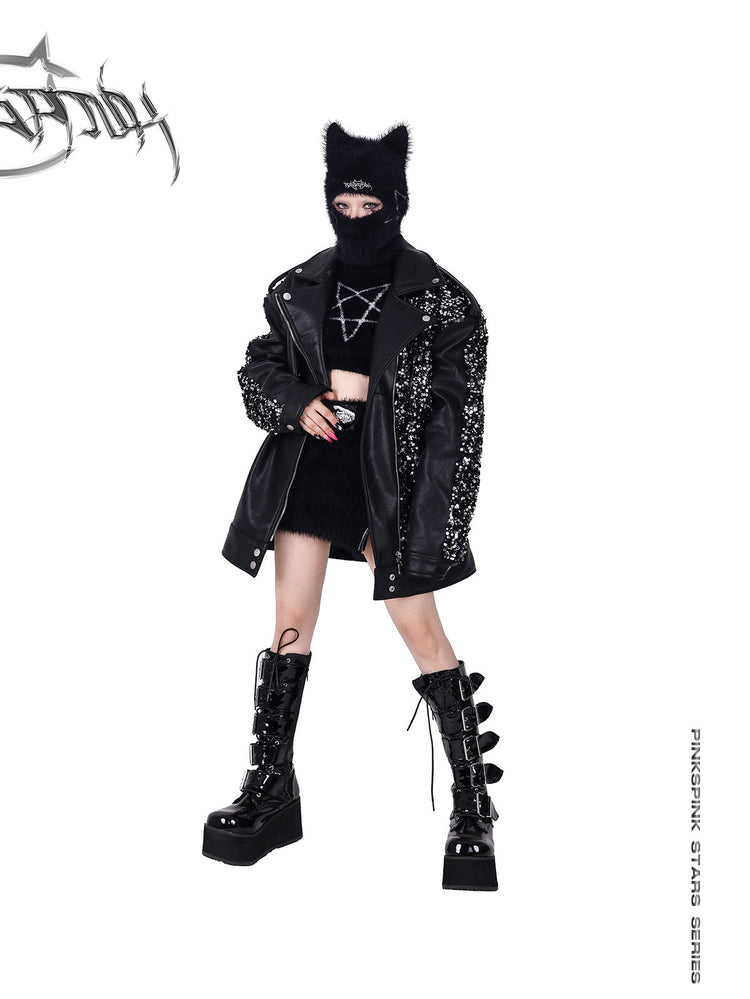 PINKSPINK STAR sequined-panel faux-leather biker jacket — front full-length modeled view styled with a cat-ear balaclava and star mini skirt