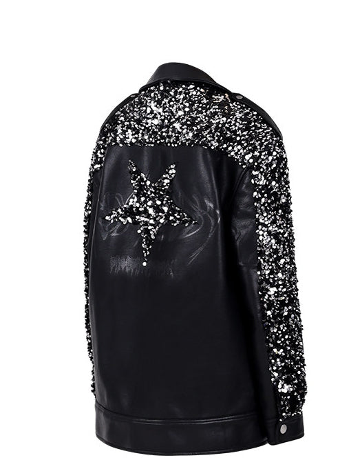 PINKSPINK STAR sequined-panel faux-leather biker jacket — back garment-only view showing the sequin star and shoulder panel