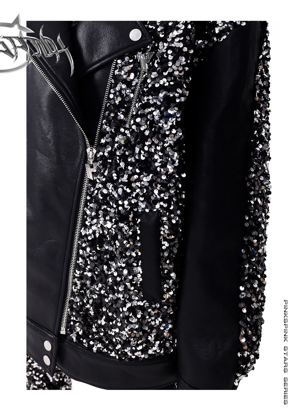 PINKSPINK STAR sequined-panel faux-leather biker jacket — close-up of the sequin panels and zipper hardware