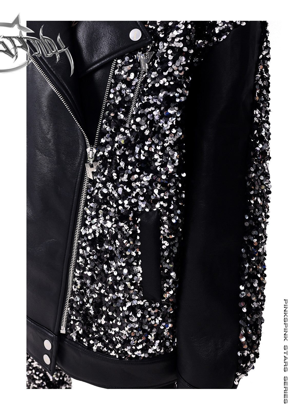 PINKSPINK STAR sequined-panel faux-leather biker jacket — close-up of the sequin panels and zipper hardware