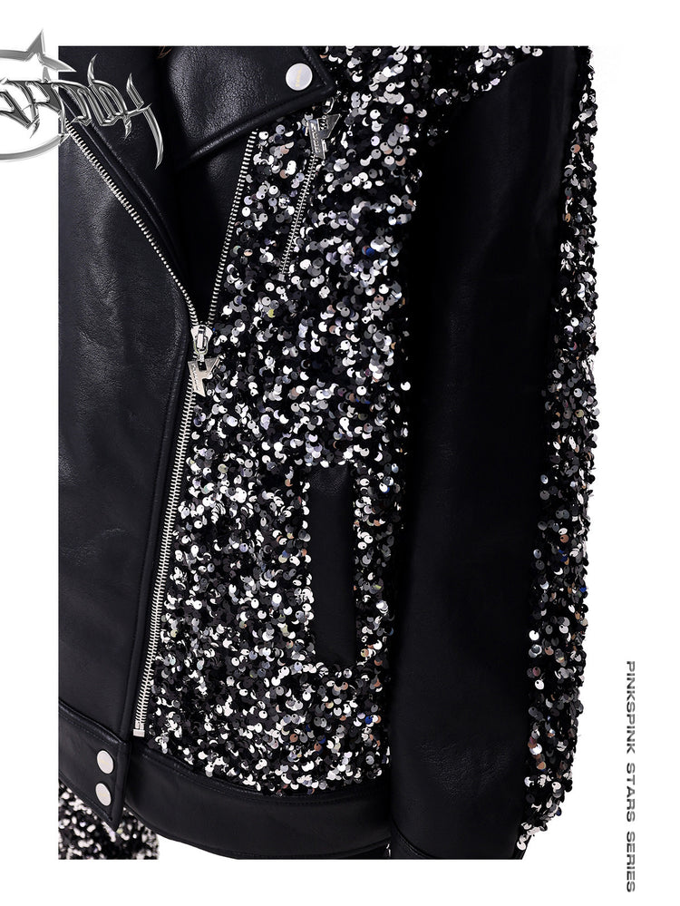 PINKSPINK STAR sequined-panel faux-leather biker jacket — close-up of the sequin panels and zipper hardware
