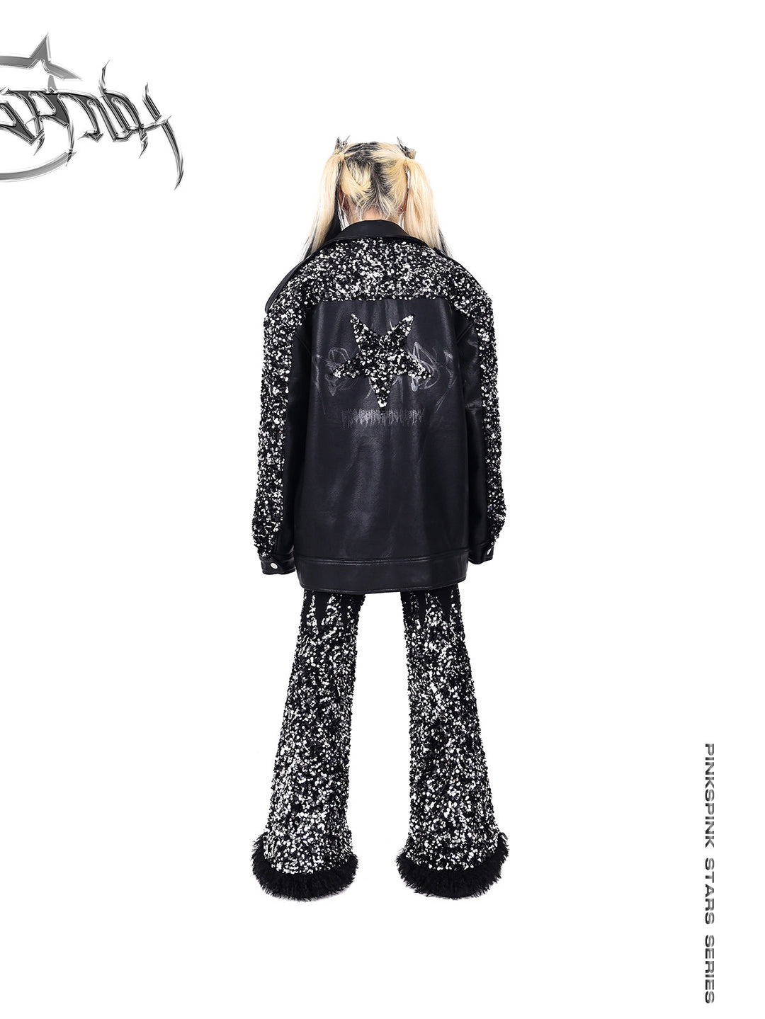 PINKSPINK STAR sequined-panel faux-leather biker jacket — back full-length modeled view showing the sequined star and face motif