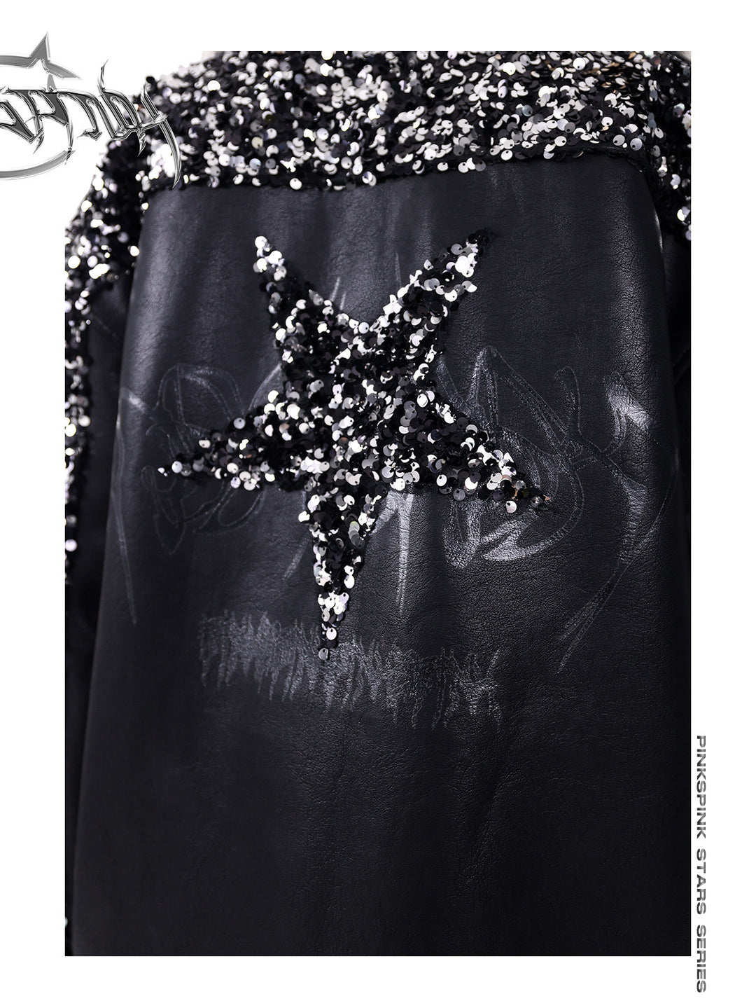 PINKSPINK STAR sequined-panel faux-leather biker jacket — close-up of the star and face motif on the back
