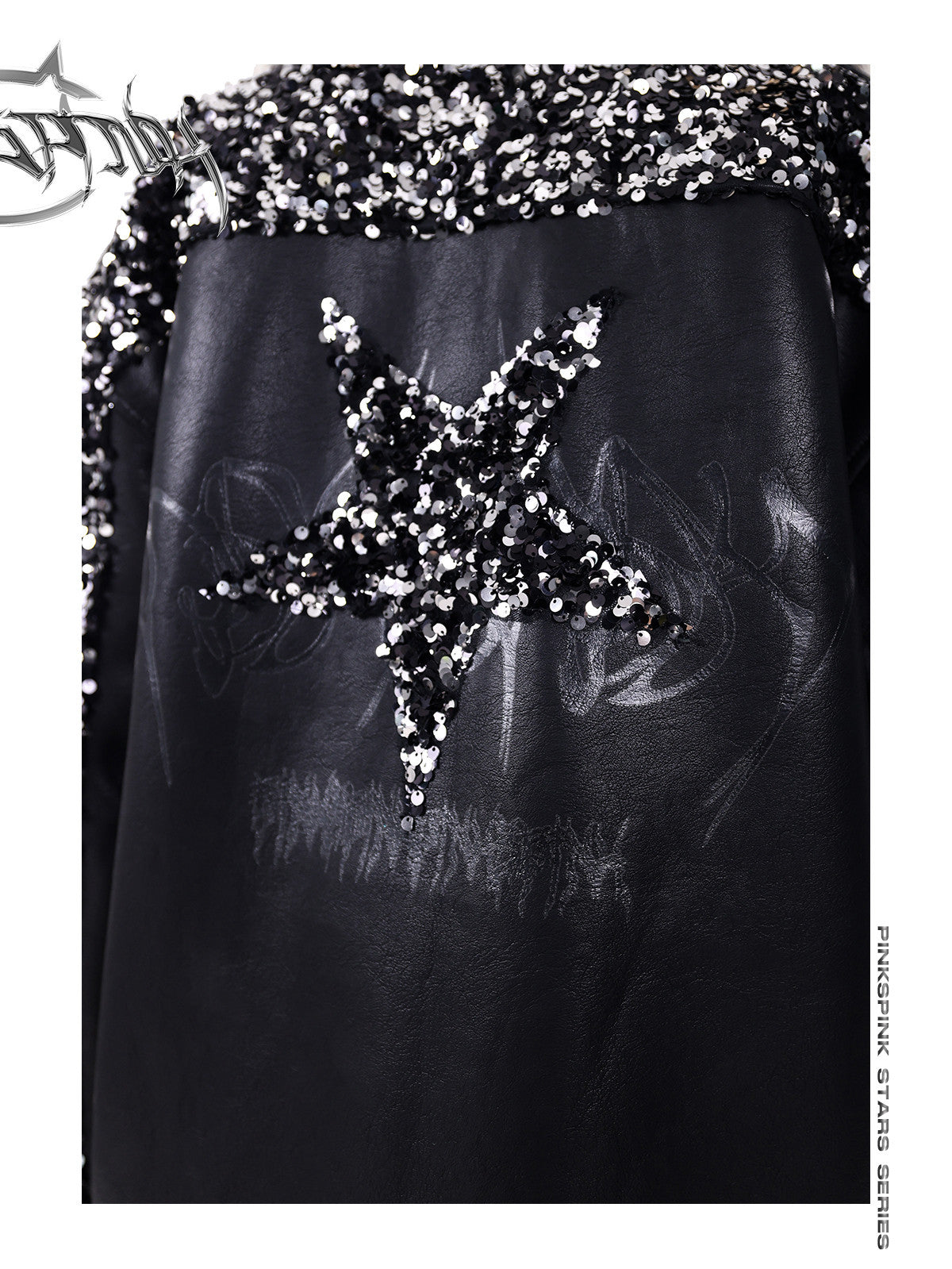 PINKSPINK STAR sequined-panel faux-leather biker jacket — close-up of the star and face motif on the back