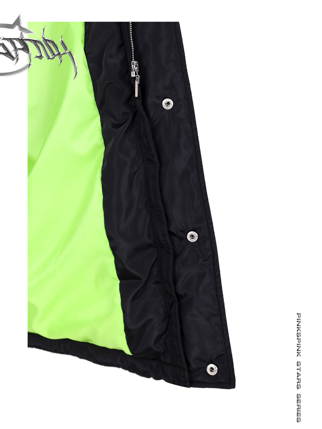 PINKSPINK CAT ALIEN long cat-ear padded coat — close-up of the bright green lining, zipper and snaps