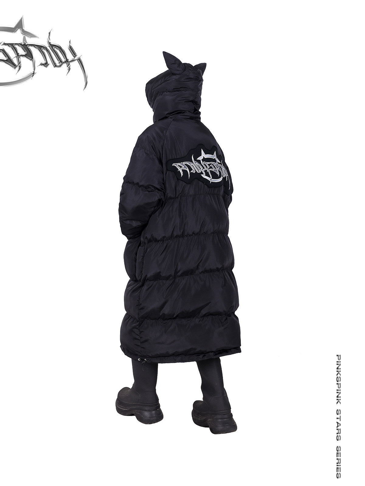 PINKSPINK CAT ALIEN long cat-ear padded coat — rear three-quarter modeled view with the cat-ear hood raised