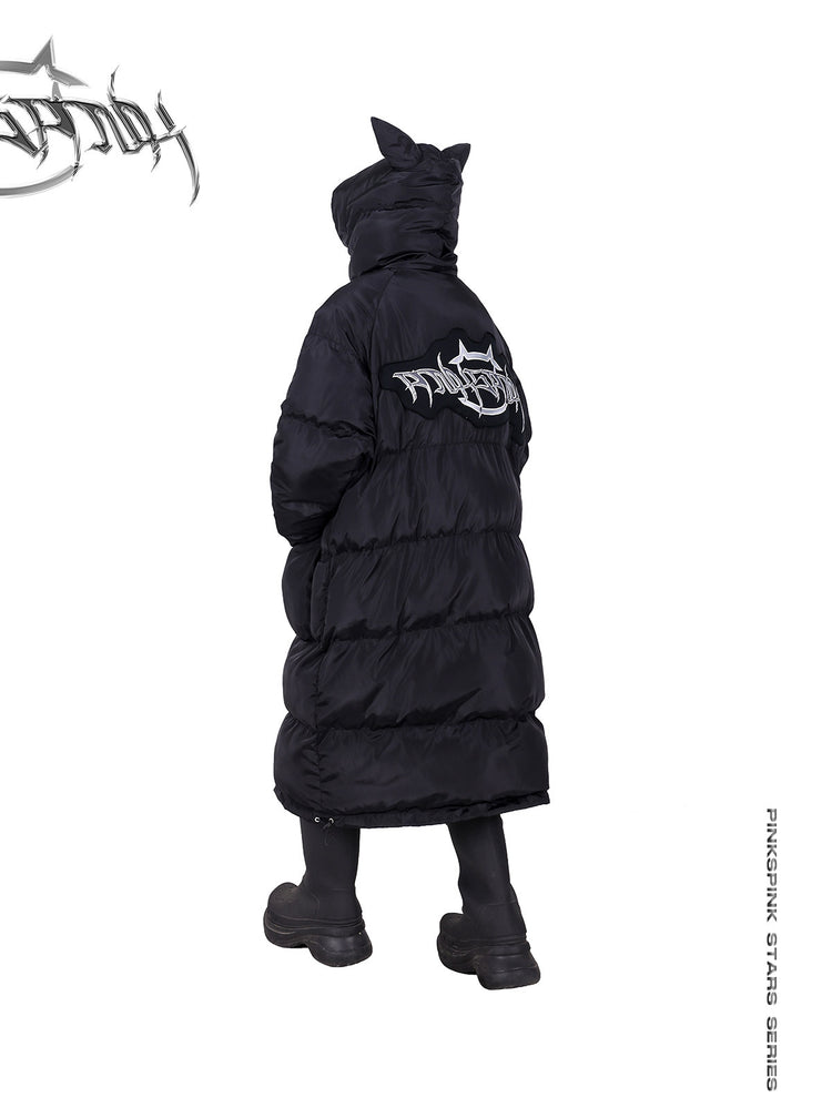 PINKSPINK CAT ALIEN long cat-ear padded coat — rear three-quarter modeled view with the cat-ear hood raised