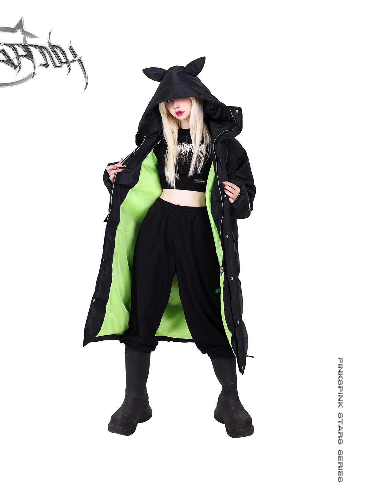 PINKSPINK CAT ALIEN long cat-ear padded coat — front full-length modeled view holding the coat open to show the lining