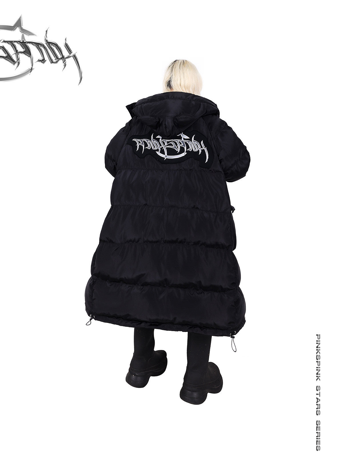 PINKSPINK CAT ALIEN long cat-ear padded coat — back modeled view with hood down showing the large logo