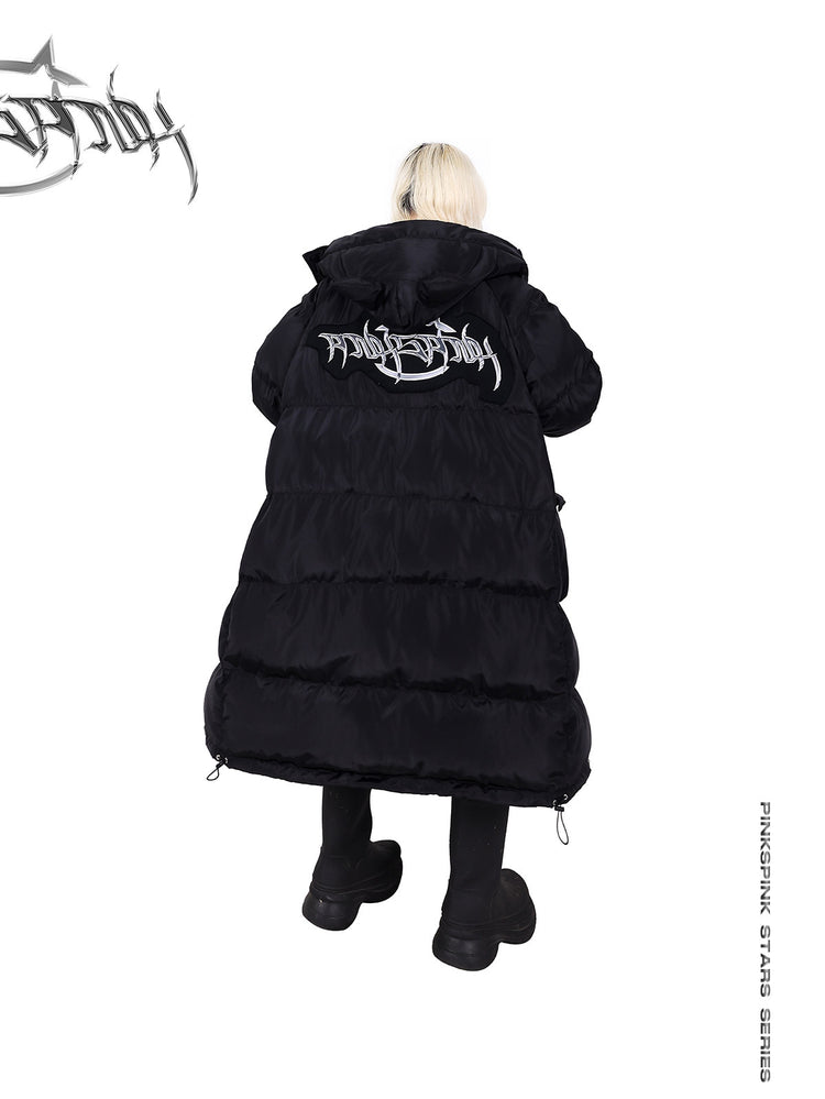 PINKSPINK CAT ALIEN long cat-ear padded coat — back modeled view with hood down showing the large logo