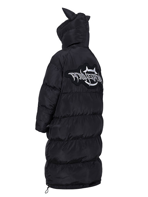 PINKSPINK CAT ALIEN long cat-ear padded coat — back garment-only view with hood raised and large logo patch