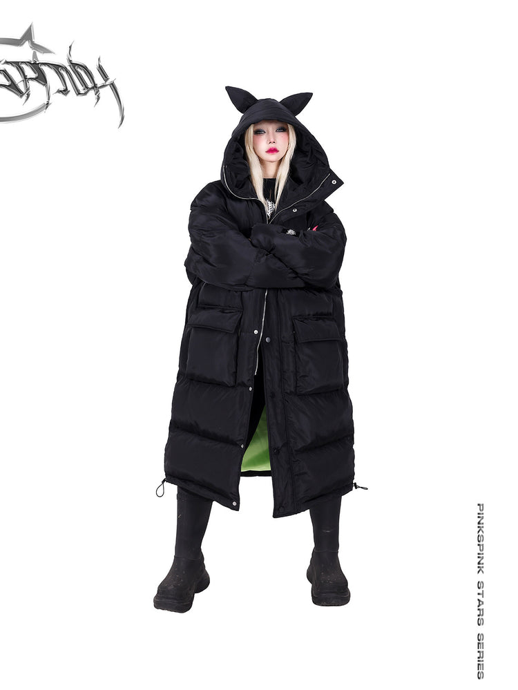 PINKSPINK CAT ALIEN long cat-ear padded coat — front modeled view with the cat-ear hood up and arms crossed