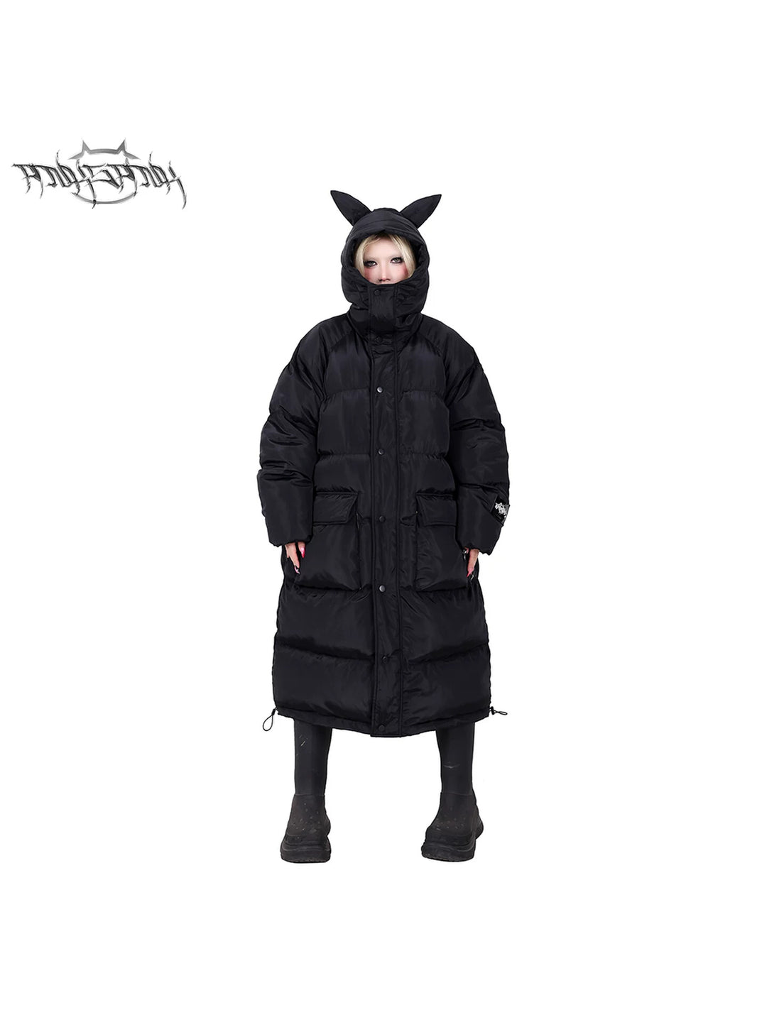 PINKSPINK CAT ALIEN long cat-ear padded coat — front full-length modeled view with cat-ear hood and high collar raised
