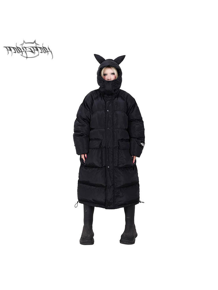 PINKSPINK CAT ALIEN long cat-ear padded coat — front full-length modeled view with cat-ear hood and high collar raised