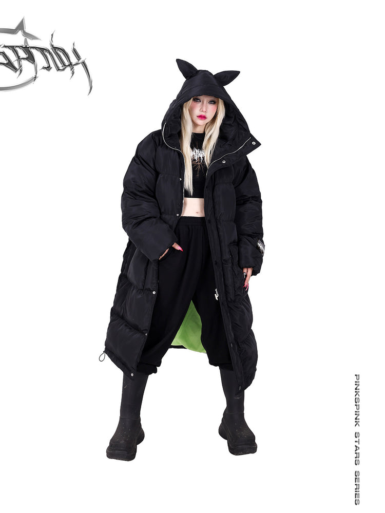 PINKSPINK CAT ALIEN long cat-ear padded coat — front full-length modeled view with hood raised and coat open