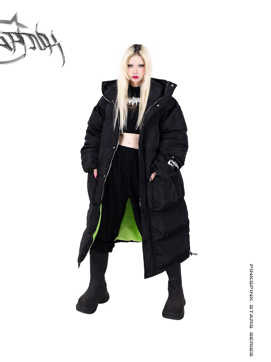 PINKSPINK CAT ALIEN long cat-ear padded coat — front full-length modeled view with the hood down and hands in pockets