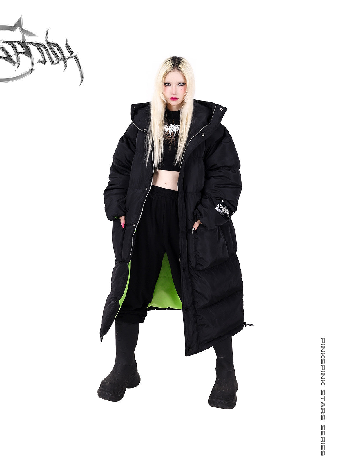 PINKSPINK CAT ALIEN long cat-ear padded coat — front full-length modeled view with the hood down and hands in pockets