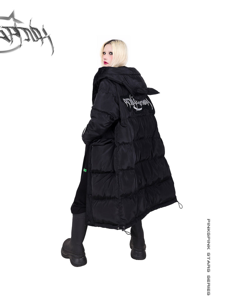PINKSPINK CAT ALIEN long cat-ear padded coat — rear three-quarter modeled view looking back with hood down