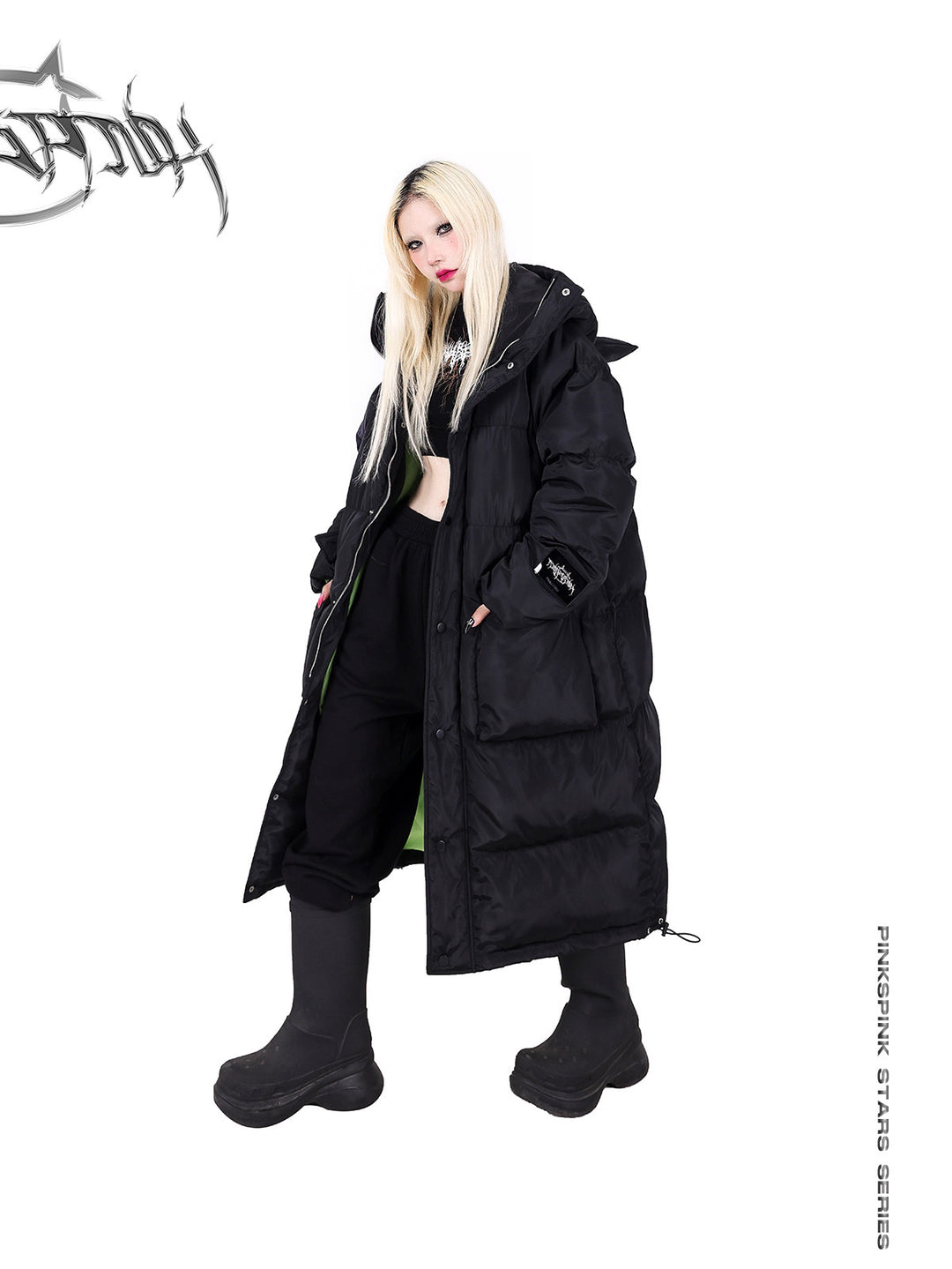 PINKSPINK CAT ALIEN long cat-ear padded coat — angled full-length modeled view with the hood down