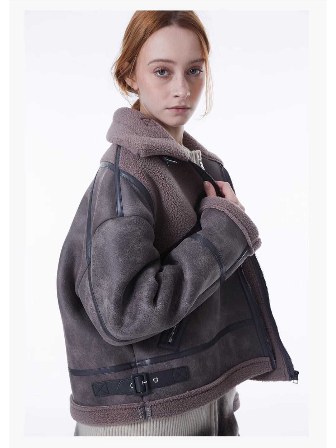 ERRORCODE ROBOT gray-purple paneled faux-shearling jacket, side modeled view with open collar