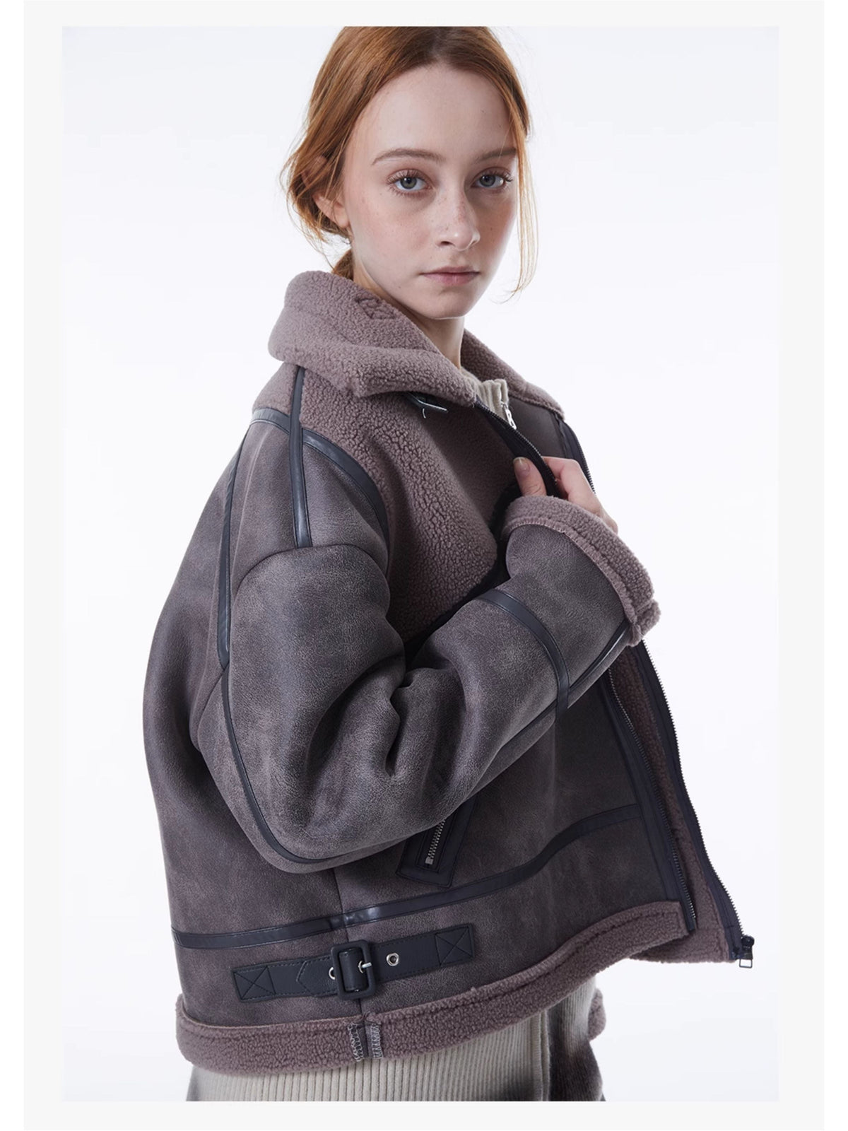 ERRORCODE ROBOT gray-purple paneled faux-shearling jacket, side modeled view with open collar