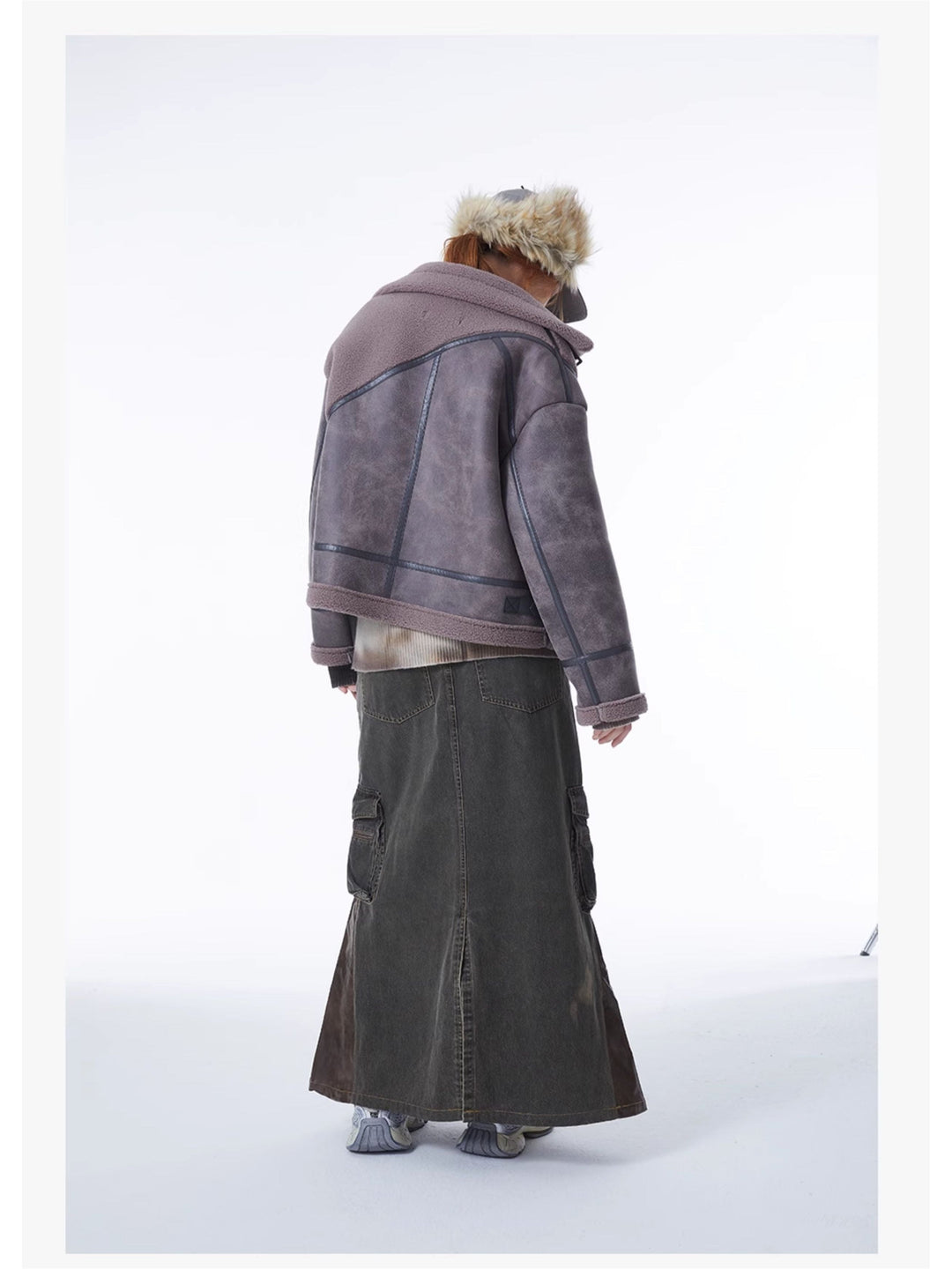 ERRORCODE ROBOT gray-purple paneled faux-shearling jacket, full-length back modeled view