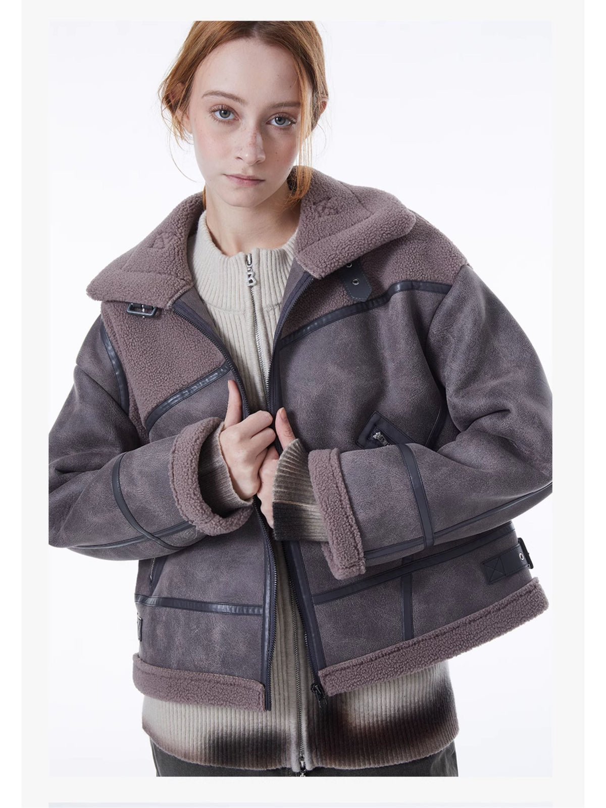 ERRORCODE ROBOT gray-purple paneled faux-shearling jacket, open front modeled view