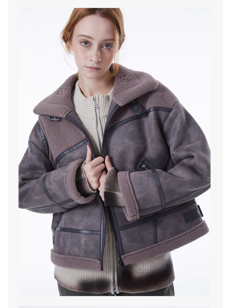 ERRORCODE ROBOT gray-purple paneled faux-shearling jacket, open front modeled view