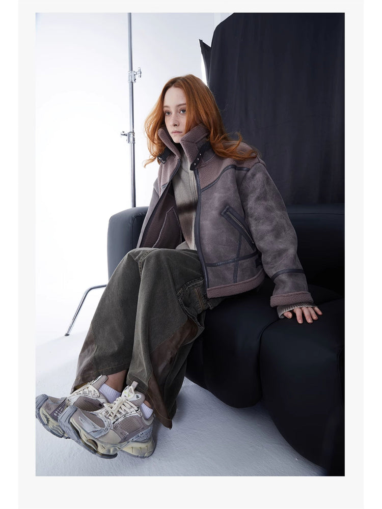 ERRORCODE ROBOT gray-purple paneled faux-shearling jacket, seated studio modeled view