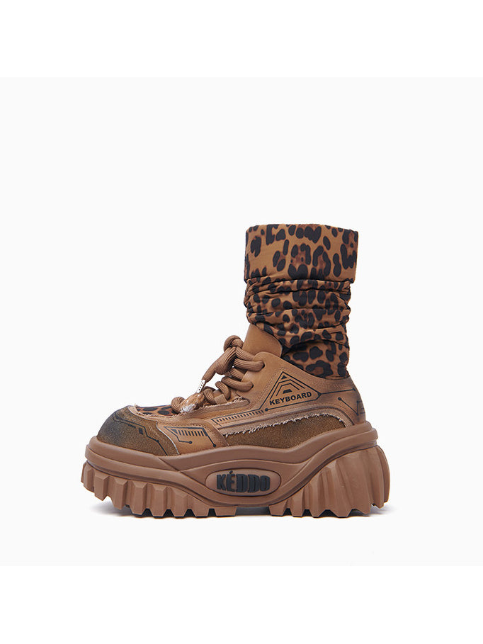 KEDDO KEYBOARD chunky winter boots in MILK TEA BROWN — single boot with leopard shaft and sculpted sole.