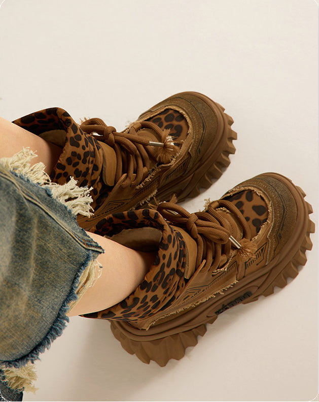 KEDDO KEYBOARD chunky winter boots in MILK TEA BROWN — modeled overhead pair showing leopard toe panels and laces.