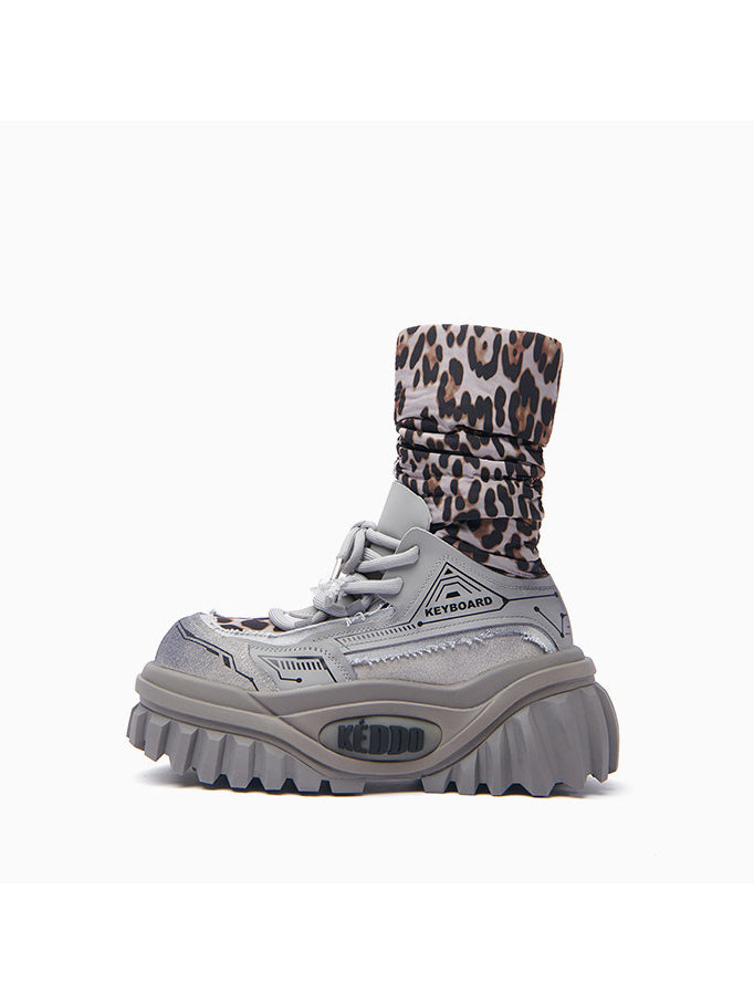 KEDDO KEYBOARD chunky winter boots in GRAY — single boot with leopard shaft.