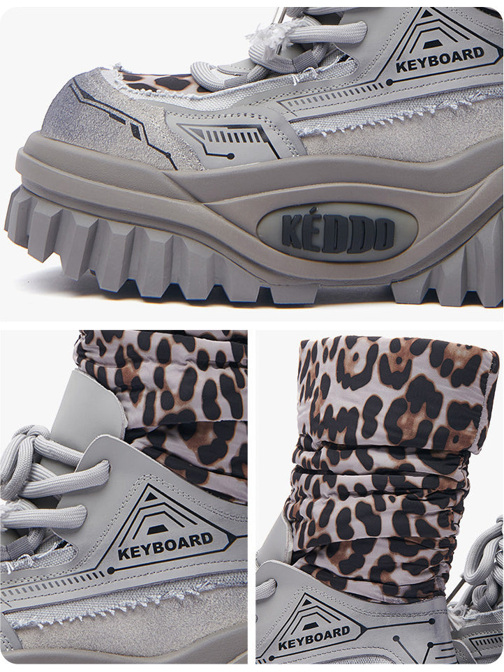 KEDDO KEYBOARD chunky winter boots in GRAY — detail collage showing layered upper, circuit graphic, leopard shaft and keyboard-inspired sole.
